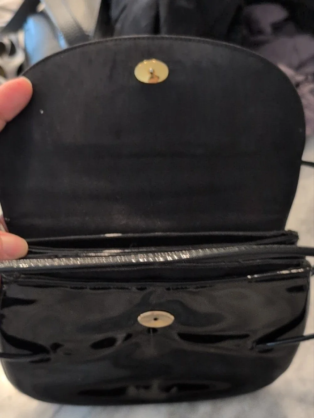 Vintage Glossy Black Patent Handbag with Slim Straps